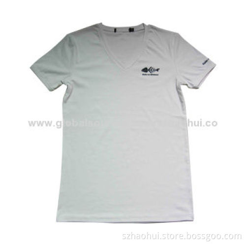 Men's custom slim fit T-shirt with fish bone logo, OEM service offered